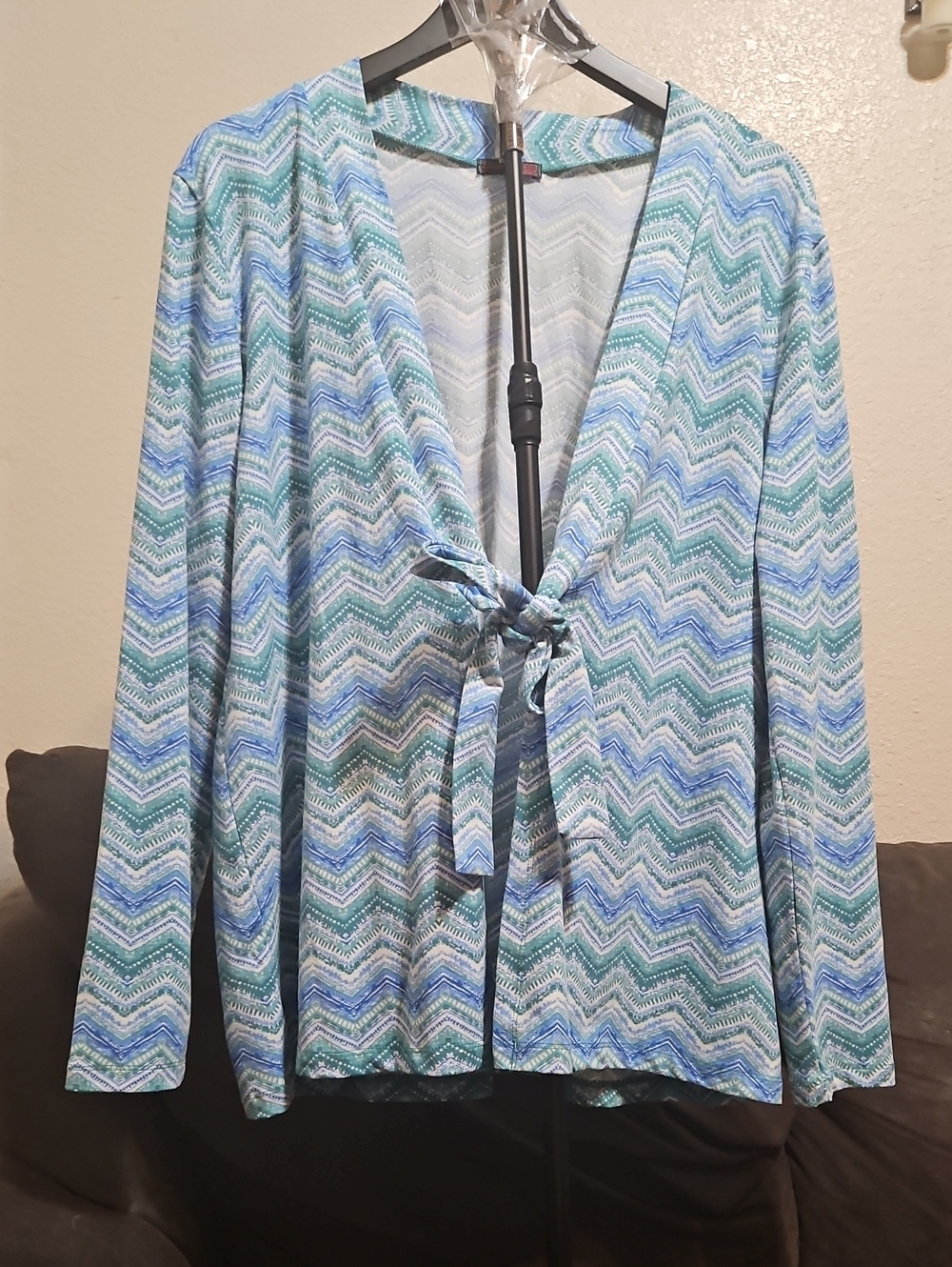 Chevron Tie-Front Cardigan in Blue & Green